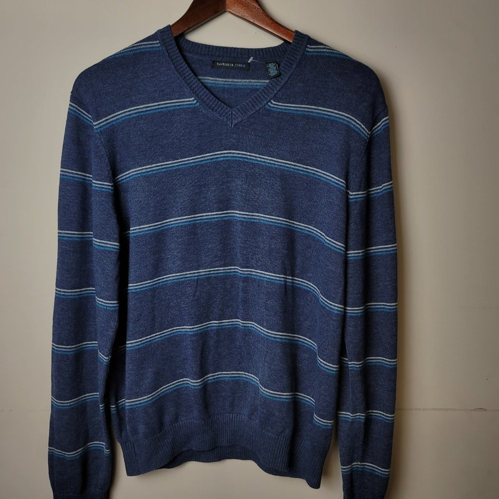 Van Heusen Studio blue striped pullover for men v-neck long sleeves size Small